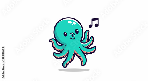 Cartoon octopus singing a musical note with joyful expression and tentacles.