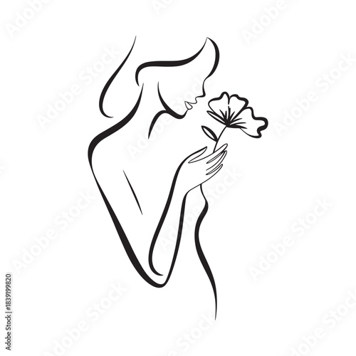 Elegant line art of a woman smelling a flower