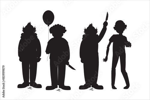 Group of spooky scary clown figures holding weapons and balloon