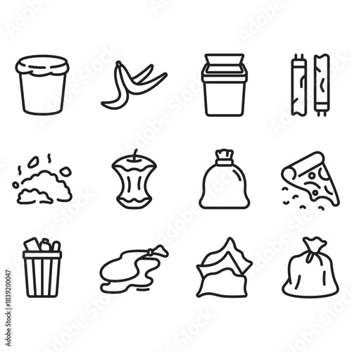 A collection of trash icons. Line style vectors. Contains icons such as trash cans, dry trash, wet trash, and more.
