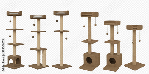 Set of various cat trees and scratching posts with multiple levels, platforms, and hanging toys.