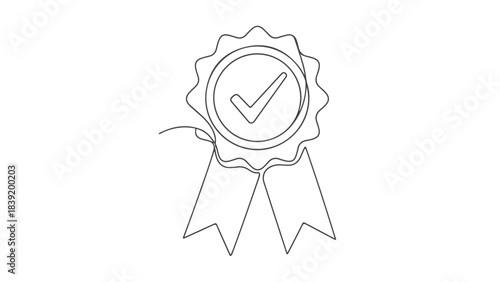 A single continuous line drawing of a quality assurance award ribbon with a checkmark.