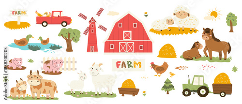 Cute children's farmhouse, mill and domestic animals set. Mom cow, goat and sheep, horse with kids baby animals, farm transport. Cute pig and piglet, ducks, chickens and red car vector illustration.
