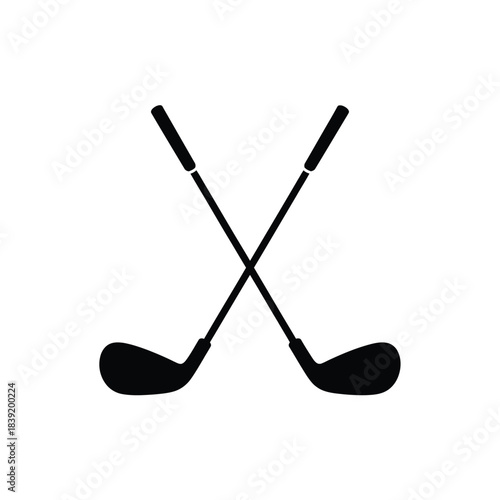 Simple icon of two crossed golf clubs in black silhouette for sports and leisure design