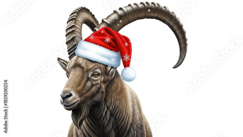 Isolated Alpine Ibex Goat Illustration Wearing Festive Red Santa Hat isolated PNG with Transparent Background