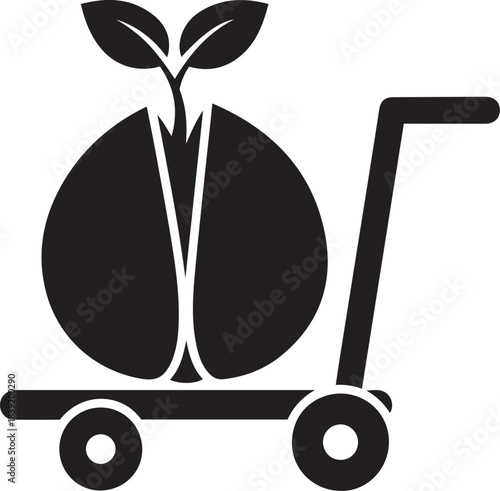  Black silhouette of a sprouting seed on a trolley with leaves and stem cart plant.