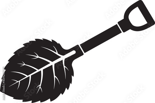 Black silhouette of a shovel with a leaf shaped blade and veins spade gardening.