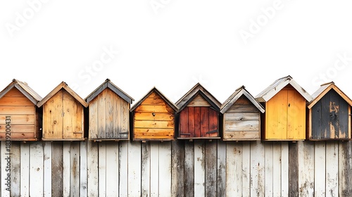 Row of beach huts on wooden fence, high resolution image