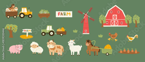 Cartoon animals, farm and tractor elements set. Cute cow, horse, sheep and pig, domestic birds, farmhouse and mill. Kids vector illustration on green background. Farm stickers set.