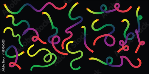 Vibrant Multicolor Abstract Wavy Lines on Black Background – Colorful Neon Curves, Dynamic Swirl Pattern, Minimalist Modern Artwork, Energetic Decorative Design.