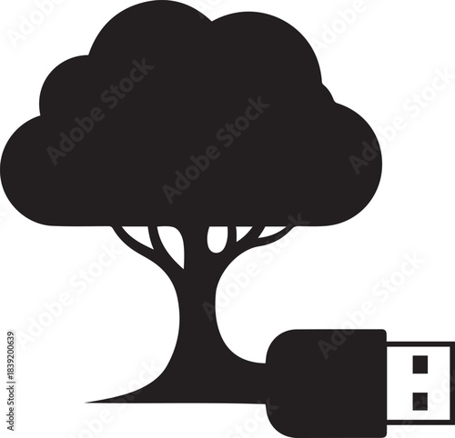  Black silhouette of a tree with a U S B flash drive integrated into its trunk technology.