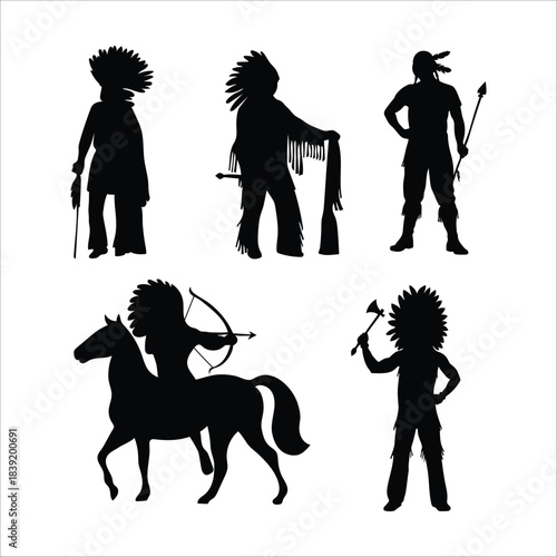 Set of indigenous people profiles with feathers and traditional objects