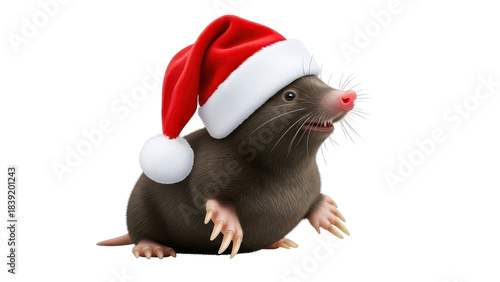 Cute Mole Wearing Red Santa Hat for Christmas Holiday isolated PNG with Transparent Background
