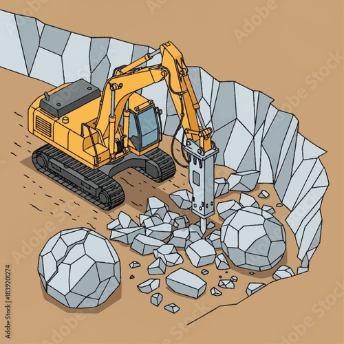 Heavy-duty excavator with hydraulic hammer breaking large rocks at a construction site.