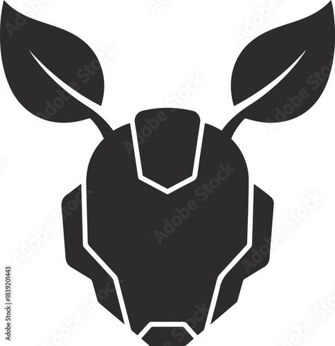 Dark grey silhouette of a robotic head with two green leaves sprouting from the top robot head