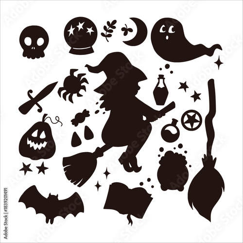 Assortment of magic icons including flying sorceress and scary objects