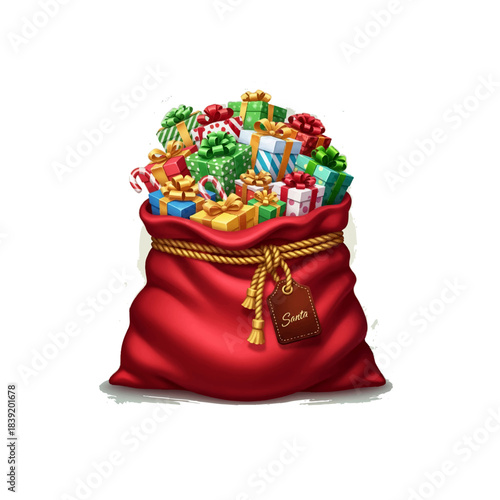 Red Sack Overflowing with Festive Holiday Presents
