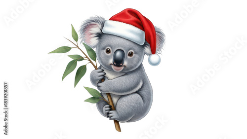Cute Baby Koala Wearing Santa Hat Holding Eucalyptus Branch Holiday Illustration isolated PNG with Transparent Background
