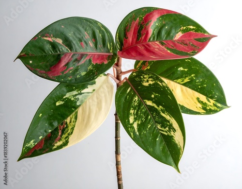 Bright plant showcases a medley of green, red, and cream-colored foliage, presented against a stark white backdrop