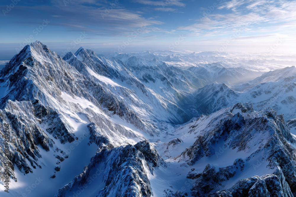 Obraz premium Snowy mountain peaks under a bright blue sky