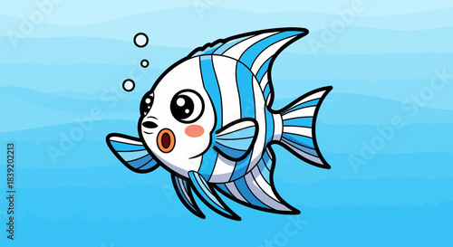 Cartoon fish with blue and white stripes swimming in the ocean water.