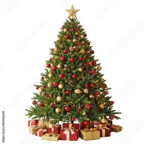 A beautifully decorated christmas tree with presents underneath isolated on transparent background