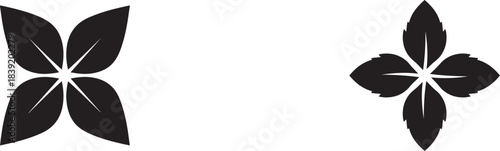 Two black stylized leaf motifs one with four leaves forming a square and the other with five leaves forming a star shape.