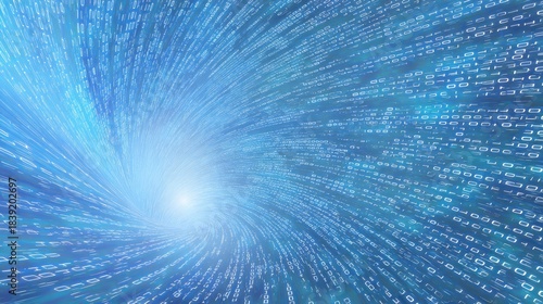 Abstract Digital Data Stream with Binary Code Flowing in a Spiraling Motion Creating a Sense of Speed and Technological Advancement