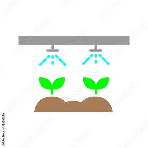 Automatic Plant Irrigation Icon Minimal black irrigation icon showing overhead sprayers watering growing plant seedlings. Represents smart farming, agriculture technology, hydroponics, greenhouse irri
