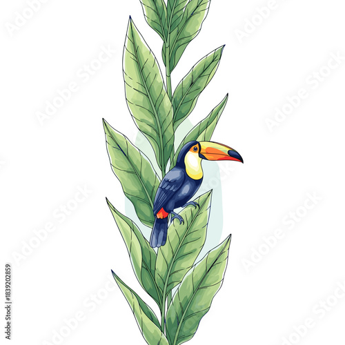 Vertical page divider with toucan and leaves in vector watercolor style