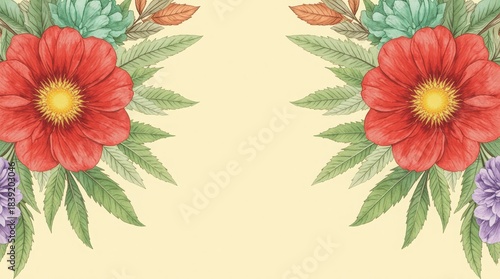 Beautiful symmetrical hand-painted watercolor floral border featuring large red flowers, green leaves, and smaller accent blossoms on a pale cream background. 