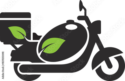 Stylized black scooter with green leaves on white background vector illustration motorcycle delivery.