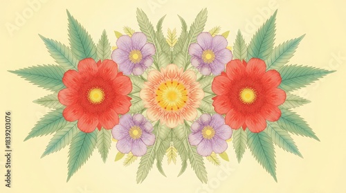 A vibrant, detailed watercolor illustration featuring a symmetrical arrangement of colorful flowers and lush green leaves. 