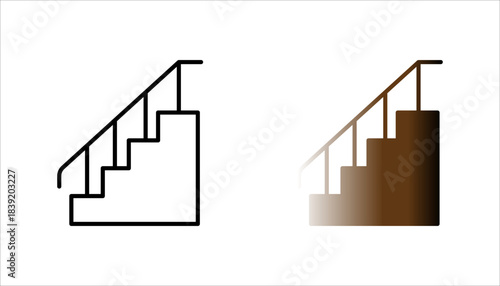 stairs_icon set. black silhouette icon of ascending stairs with a handrail, representing elevation, levels, steps, architecture, and upward movement.