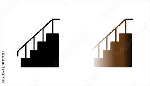 stairs_icon set. black silhouette icon of ascending stairs with a handrail, representing elevation, levels, steps, architecture, and upward movement.