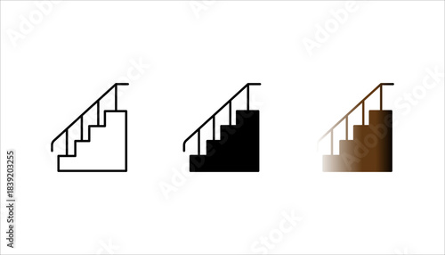stairs_icon set. black silhouette icon of ascending stairs with a handrail, representing elevation, levels, steps, architecture, and upward movement.