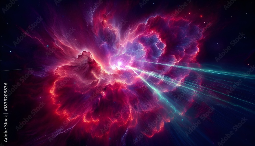 Naklejka premium Spectacular cosmic nebula with vibrant gas clouds and radiating light. AI Generated, Generative AI