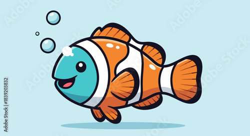 Cartoon clownfish swimming happily with bubbles in the clear ocean water.
