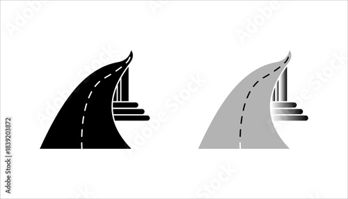 Curved Road Toward Building Icon set. silhouette icon of a curved road leading to a building or structure, symbolizing infrastructure development, urban planning, highways, transportation, and road 