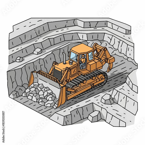 Heavy-duty bulldozer working in a quarry, moving rocks and earth.