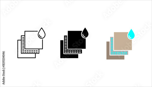 Layered Material with Water Drop Icon se t.Minimal  i showing stacked material layers with a water droplet, symbolizing waterproof fabric, multilayer protection, absorbent sheets, filtration system