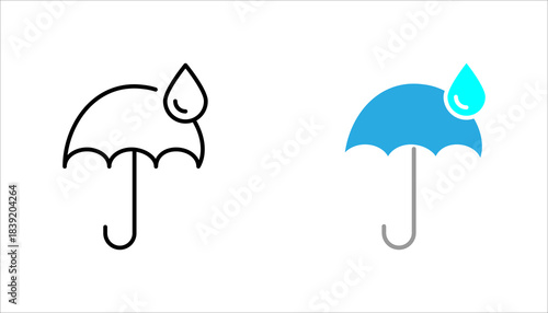 Umbrella with Water Drop Icon set. Simple black umbrella icon with a large water drop symbol, representing rain protection, waterproof features, climate safety, or weather insurance.