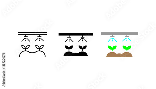 Automatic Plant Irrigation Icon set. Minimal black irrigation icon showing overhead sprayers watering growing plant seedlings. Represents smart farming, agriculture technology, hydroponics, 