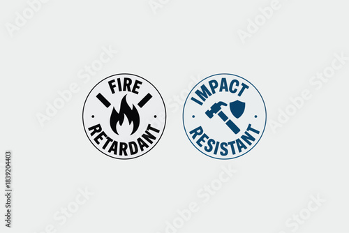 Fire Retardant and Impact Resistant Icons, Clear Professional Vector Graphics in Black and Blue on White Background for Product Safety Labeling.