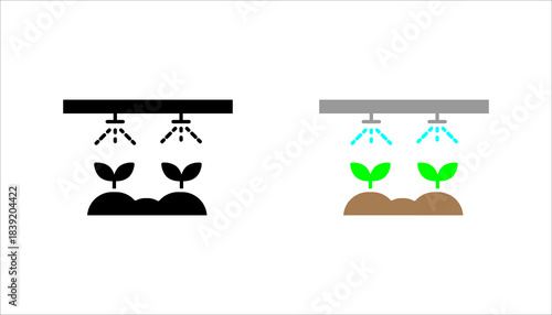 Automatic Plant Irrigation Icon set. Minimal black irrigation icon showing overhead sprayers watering growing plant seedlings. Represents smart farming, agriculture technology, hydroponics, 