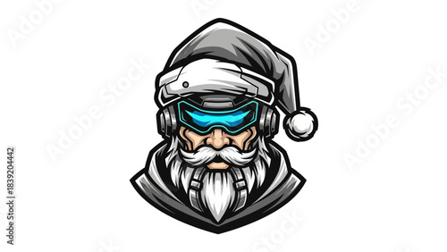 A cartoon illustration of a head mascot wearing a Santa hat and futuristic blue visor on a white background with a mix of gray and black tones.