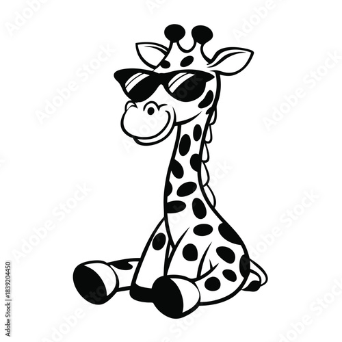 Cartoon giraffe sits wearing sunglasses with spotted skin in black and white design