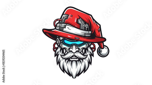 A cartoon head mascot wearing a red Santa hat with a white band and jingle bell, having a white beard and blue eyes, set against a plain white background with a playful and festive mood.