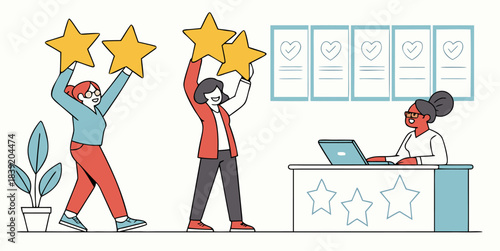 Business Team Celebrating Positive Reviews and Five Star Ratings