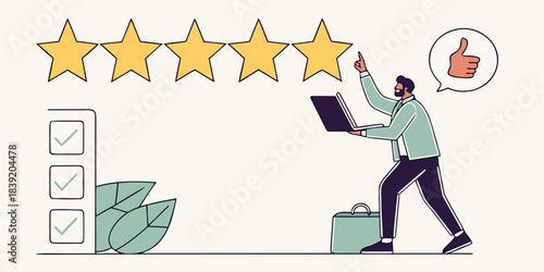 Businessman Checking Five Star Online Rating and Review Checklist